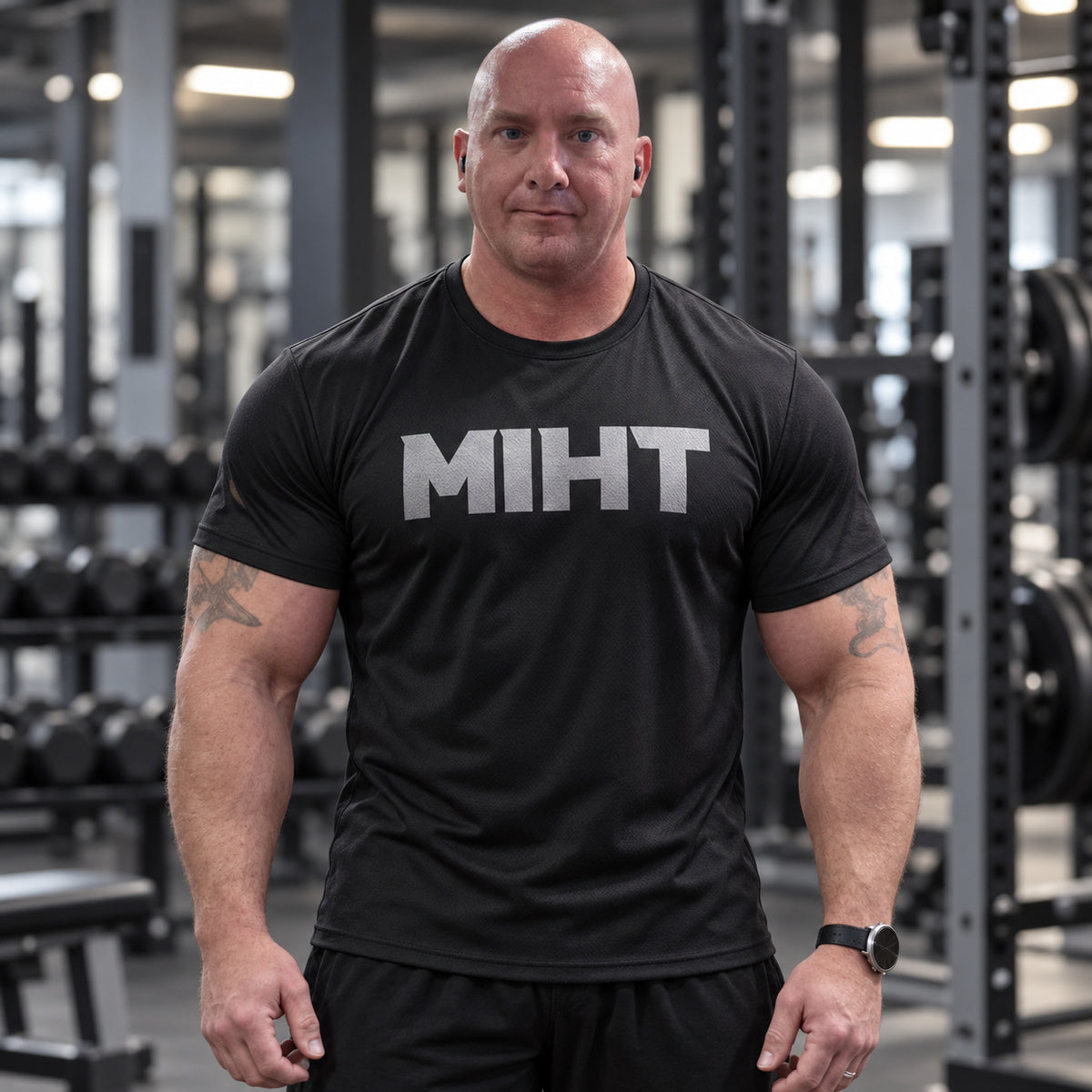 MIHT Core Performance Tee in black, front view