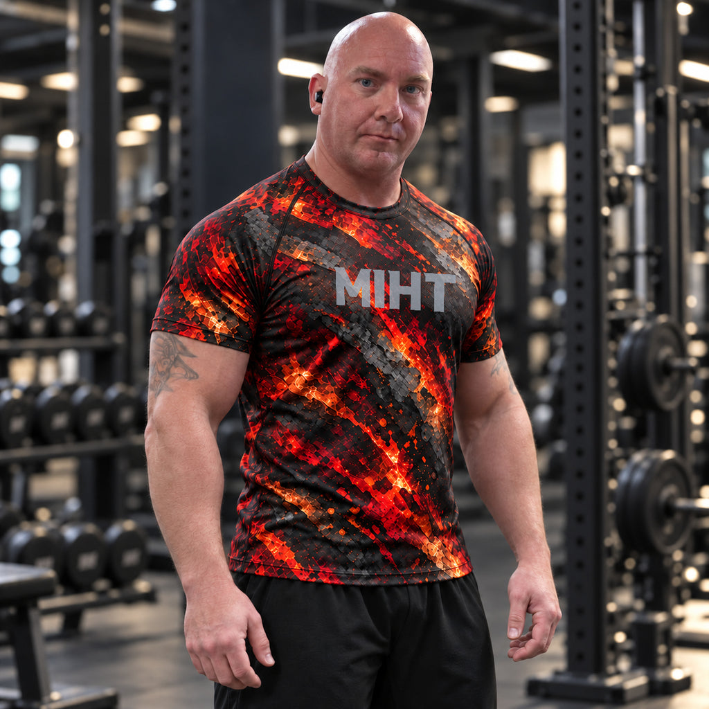 Model wearing the MIHT Ember Forge Performance Tee in a gym
