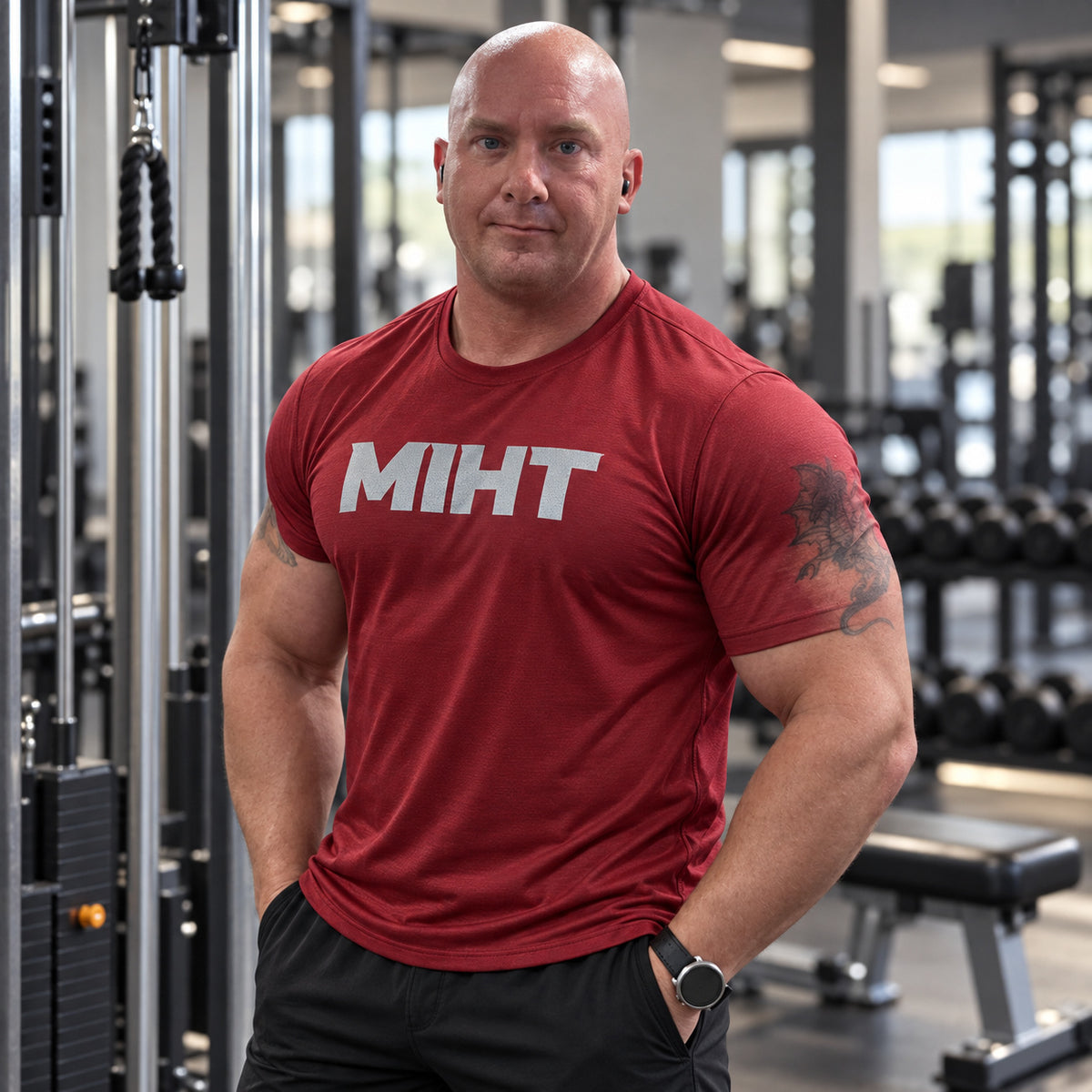 MIHT Core Performance Tee in cardinal, three-quarter lifestyle view