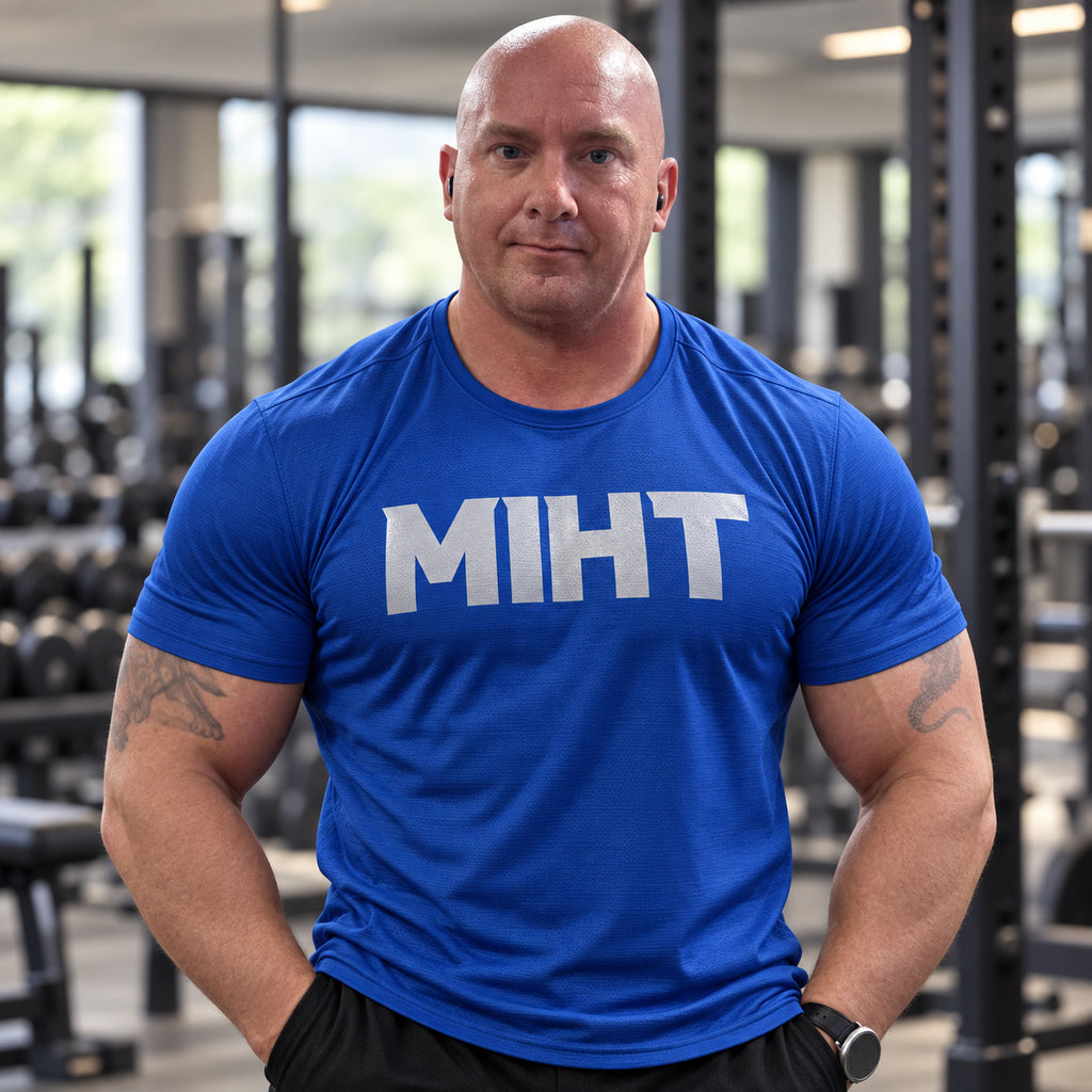 MIHT Core Performance Tee in true royal, logo detail