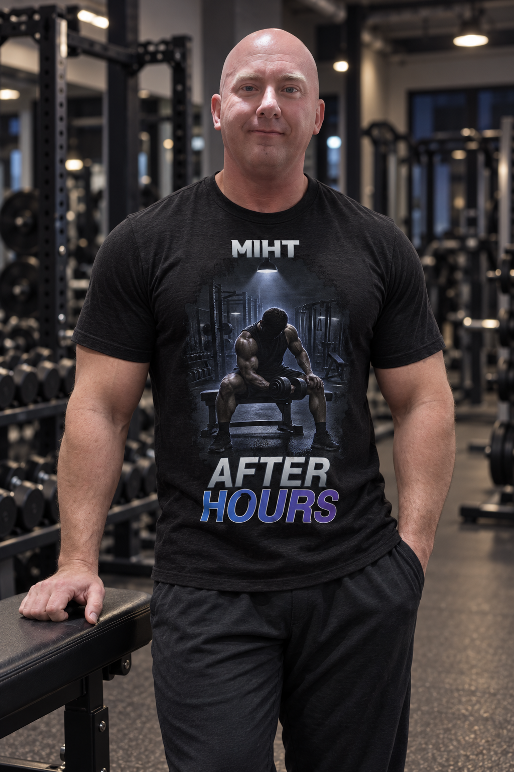 Man wearing the black MIHT After Hours Training Tee in a gym