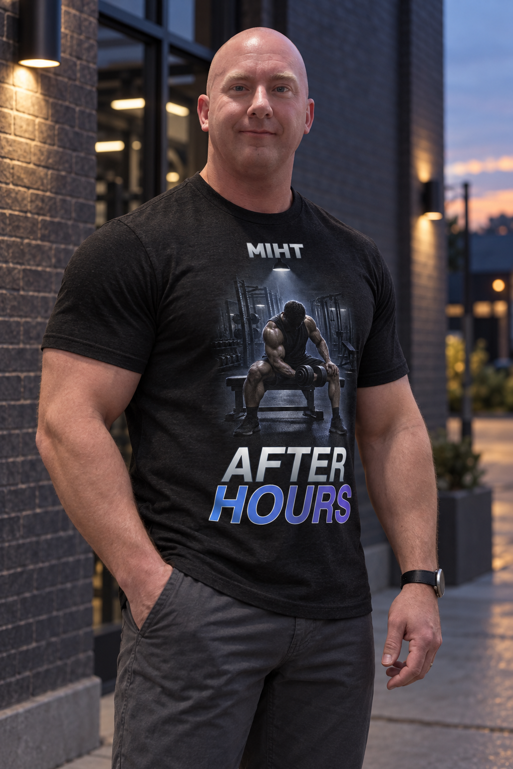 MIHT After Hours Training Tee lifestyle mockup in black
