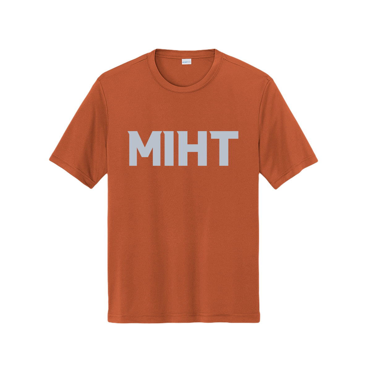 MIHT Do the Work Performance Tee in deep orange, front view