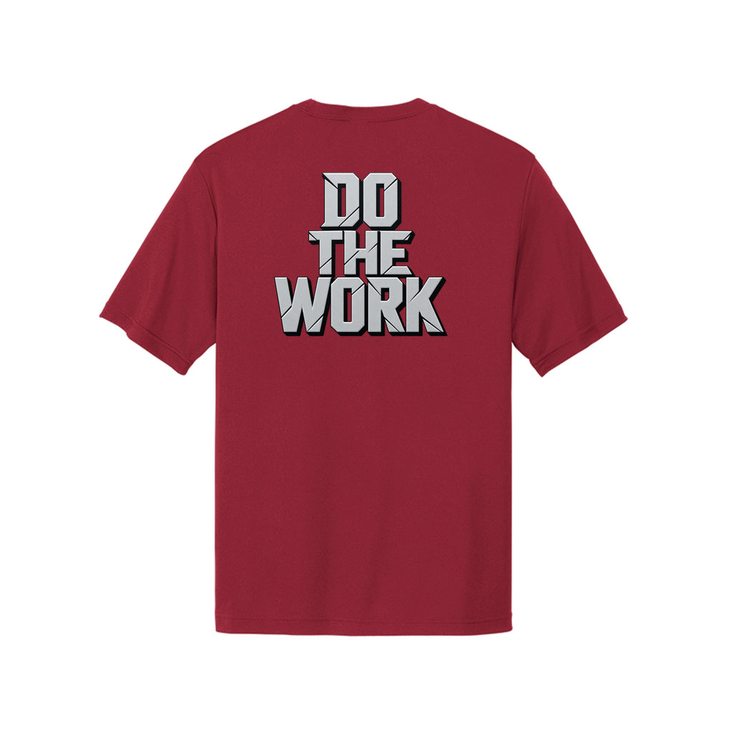 MIHT Do the Work Performance Tee in deep red, back graphic view