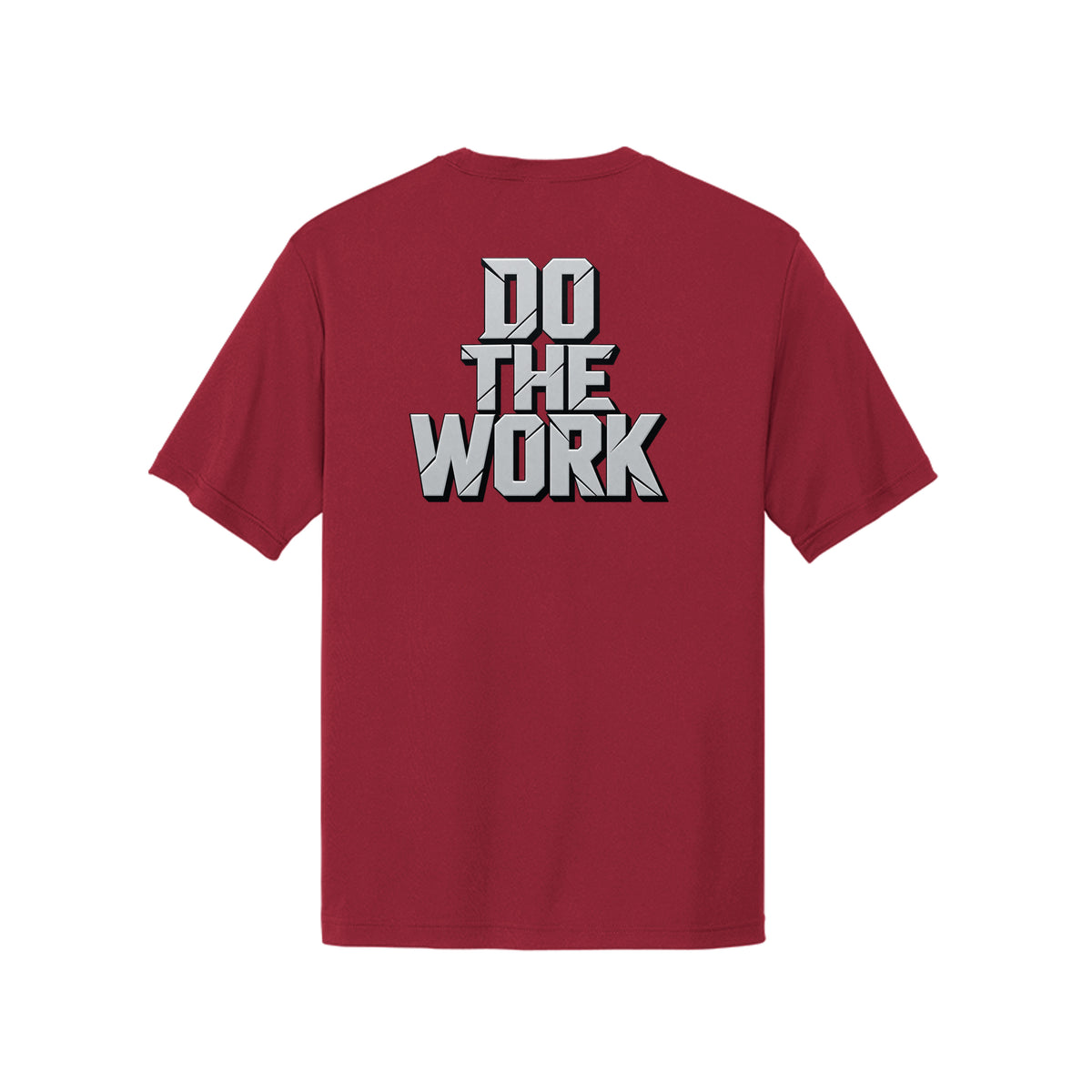 MIHT Do the Work Performance Tee in deep red, back graphic view