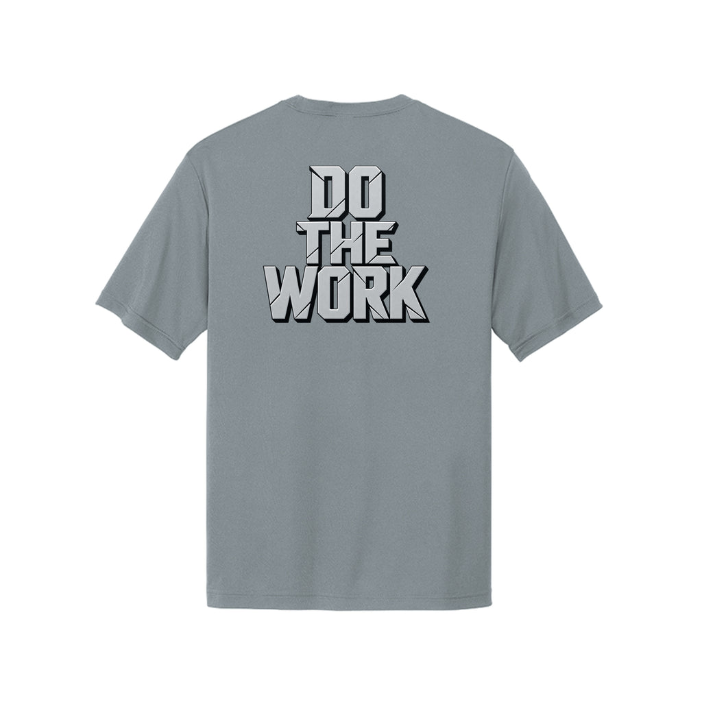 MIHT Do the Work Performance Tee in grey concrete, back graphic view